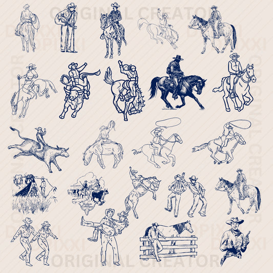 100 Editable Cowboy Line Art