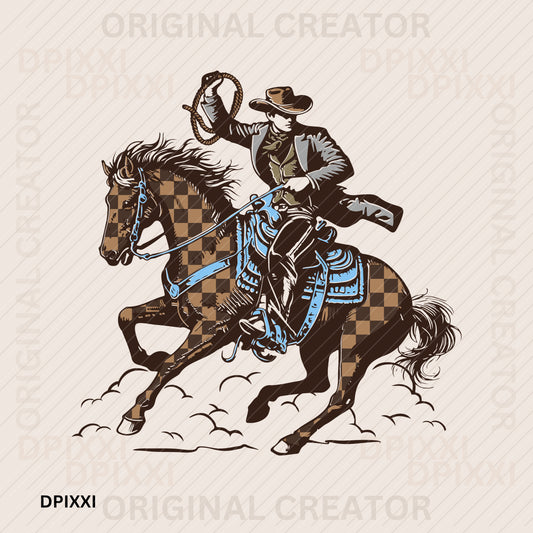 Cowboy on a Checker Horse with Sunset #28