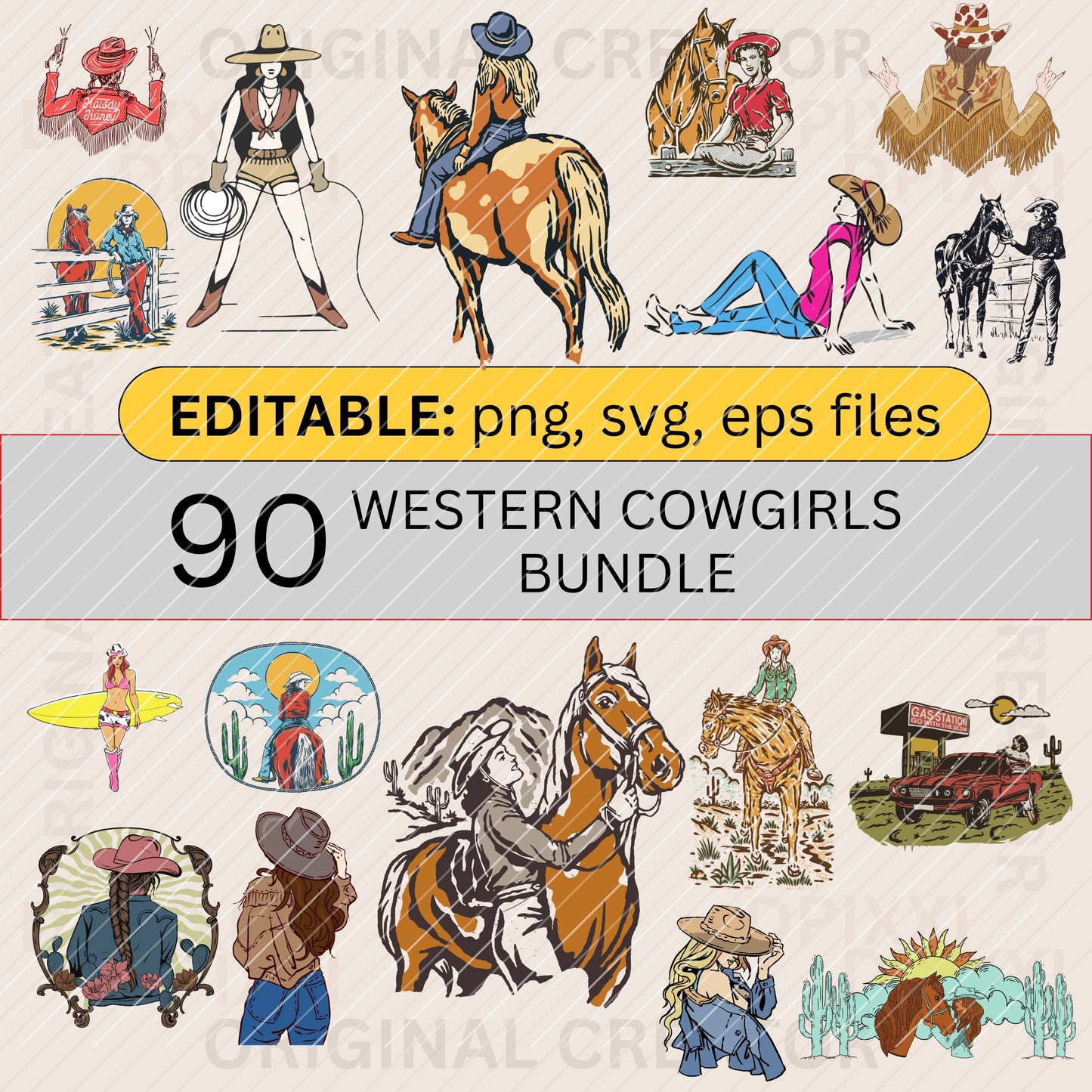 90 EDITABLE Bundle Cowgirl, PNG, SVG, EPS