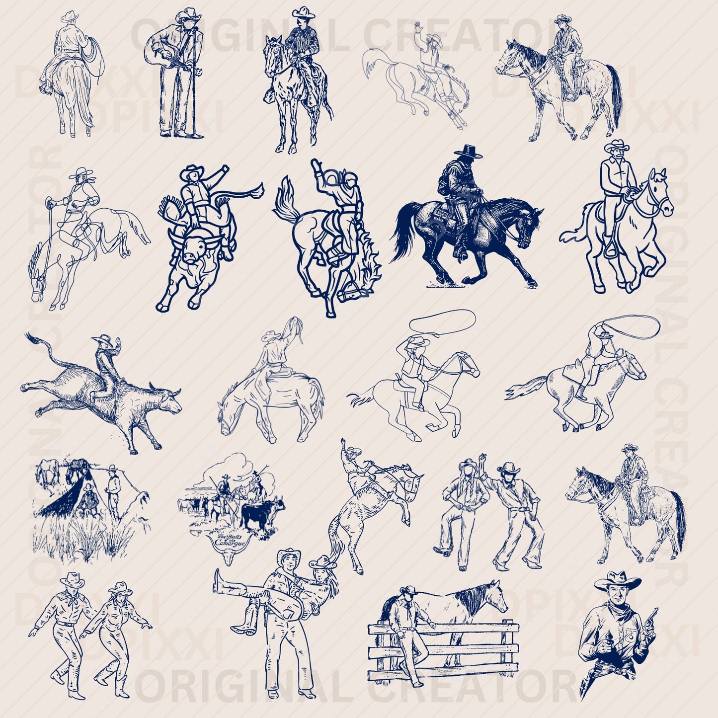100 Editable Cowboy Line Art
