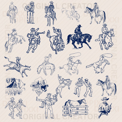 100 Editable Cowboy Line Art