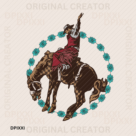 Turquoise Circle Checker Horse Red Cowboy