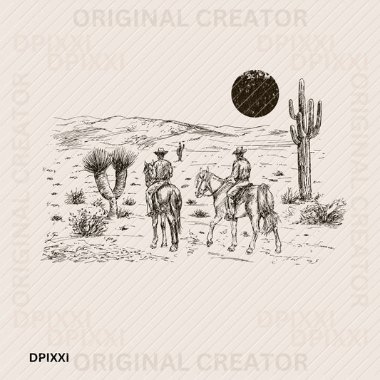 Cowboy Friends Riding Cactus Desert (png, svg)