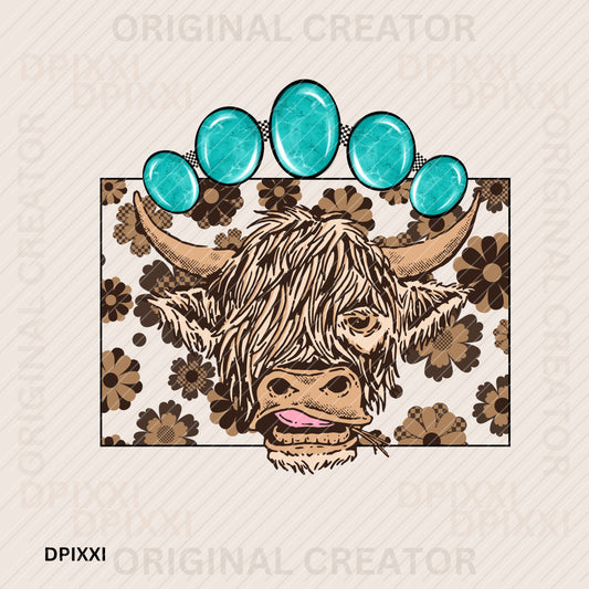 Bull Face with Floral Frame & Turquoise Art #29
