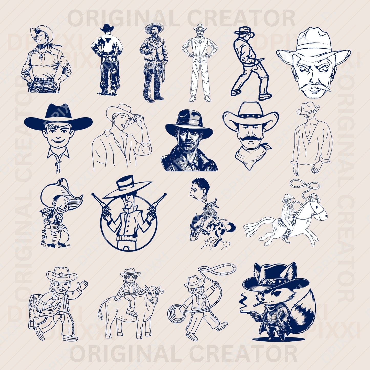 100 Editable Cowboy Line Art