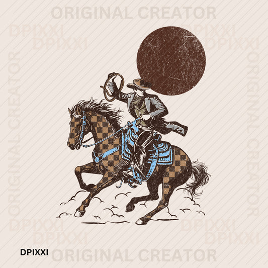 Cowboy on a Checker Horse with Sunset #28