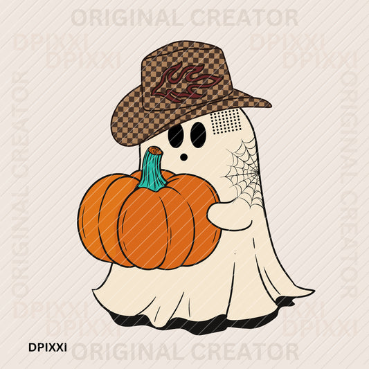 Cowboy Ghost Holds Big Pumpkin