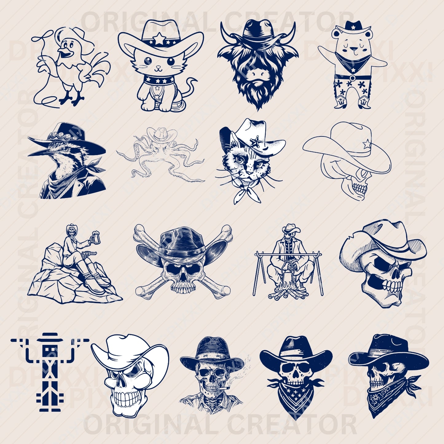 100 Editable Cowboy Line Art