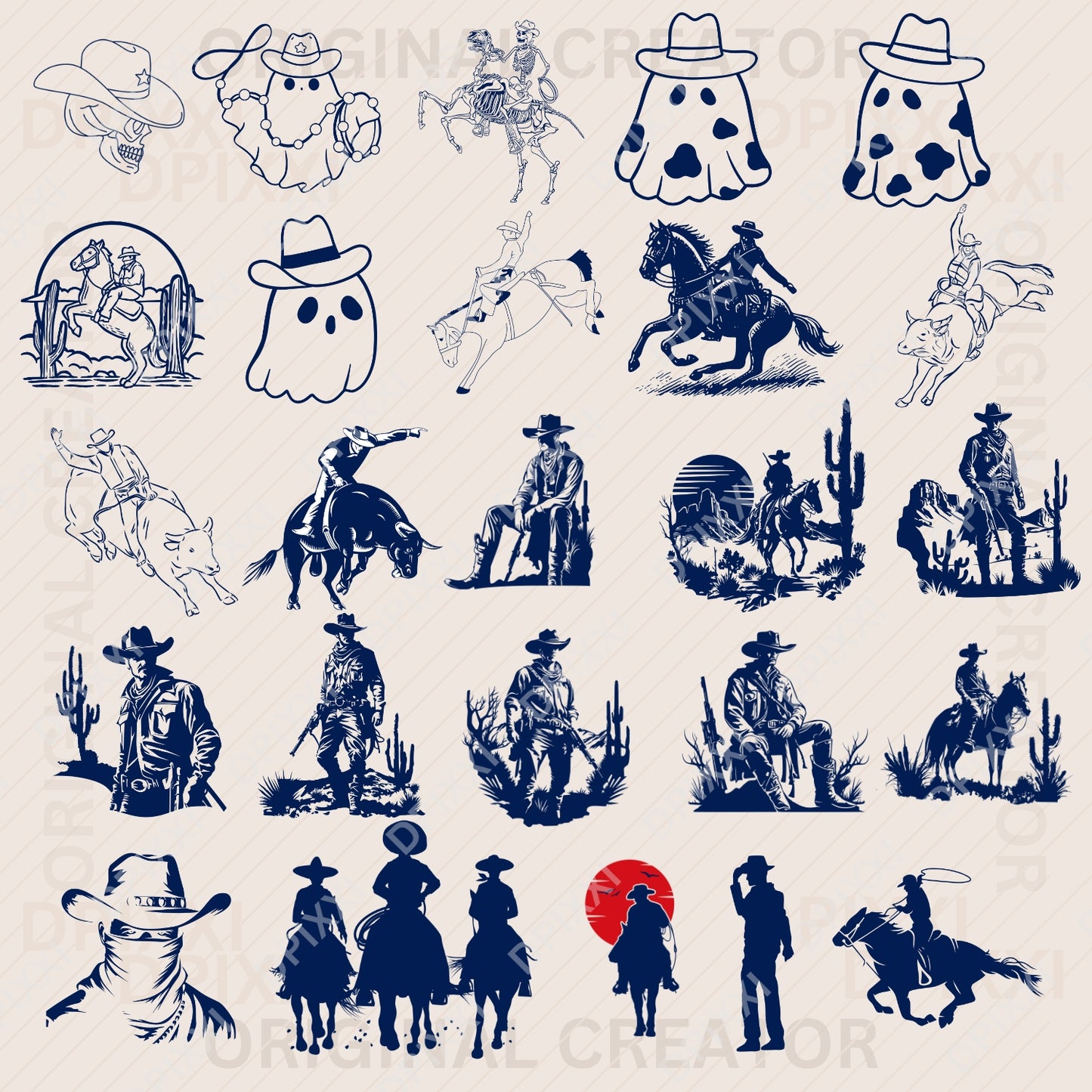 100 Editable Cowboy Line Art