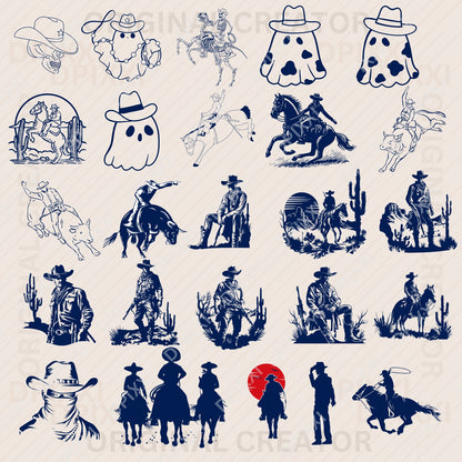 100 Editable Cowboy Line Art
