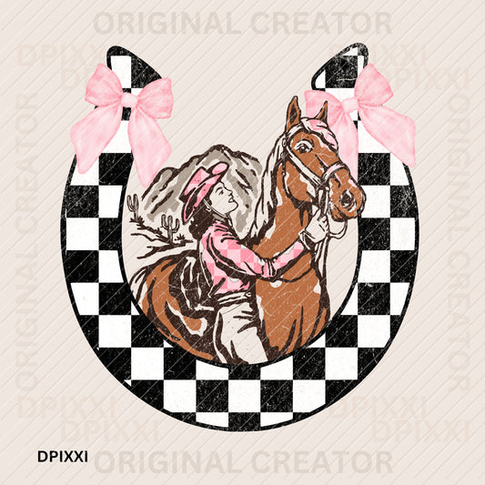 Two Pink Bow Cowgirl Loves Horse