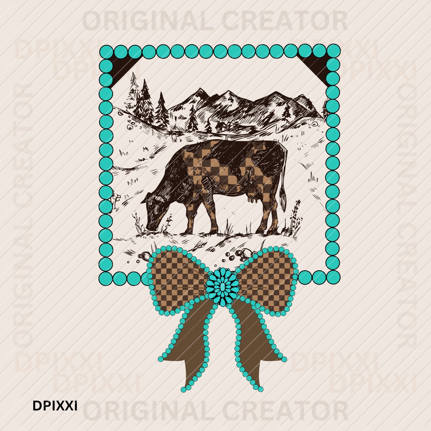 Cow Eating Grass Turquoise Bow