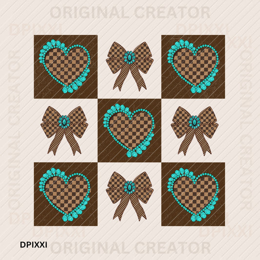 Turquoise Heart Bow Checker In Box