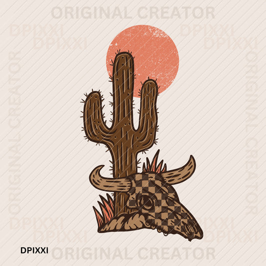 Checker Bull Cactus Desert Sunset
