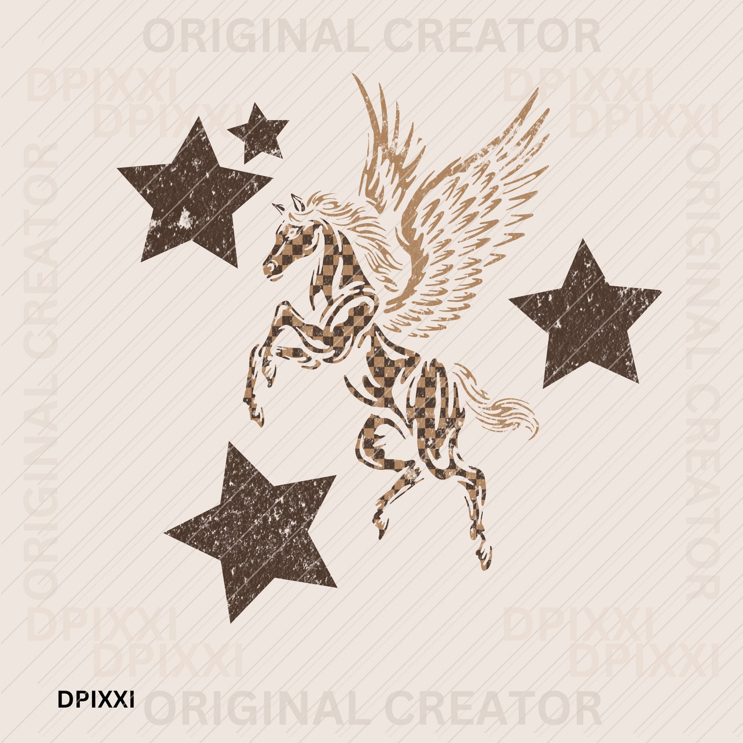 Cowboy Checker Horse with Wings Stars