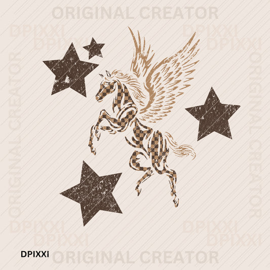Cowboy Checker Horse with Wings Stars