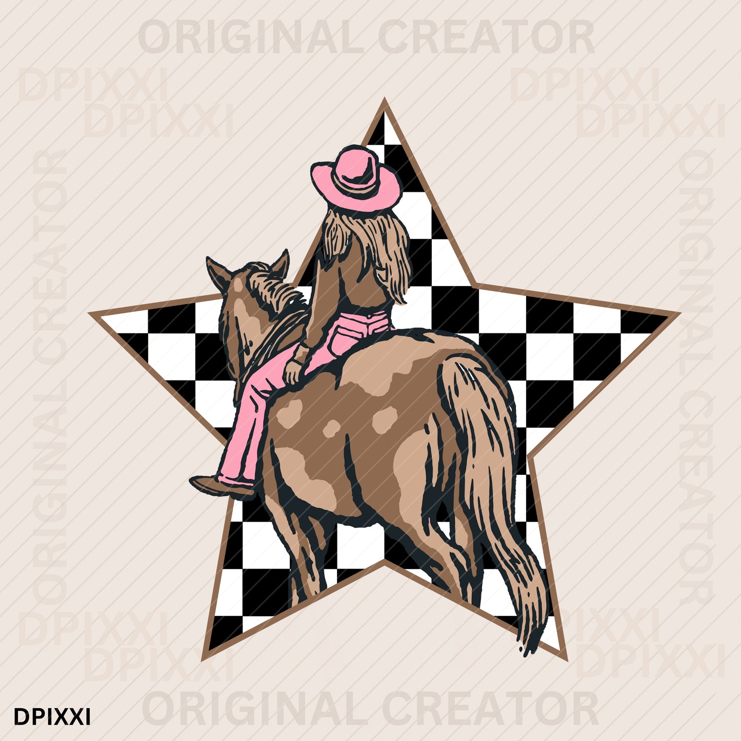 Riding Horse Cowgirl Inside Checker Star