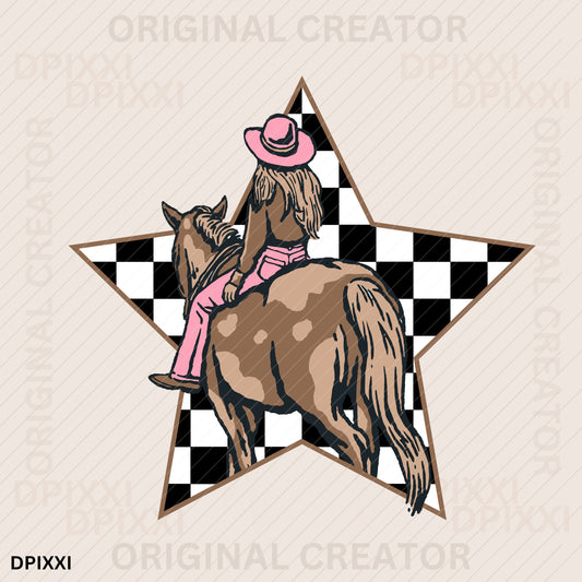 Riding Horse Cowgirl Inside Checker Star