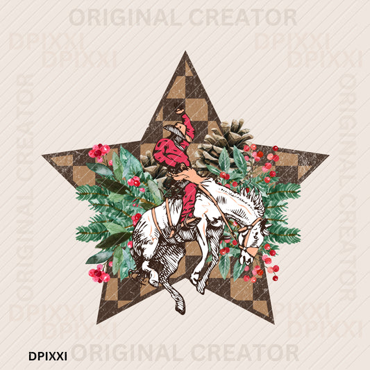 Checker Stars Christmas Cowboy White Horse