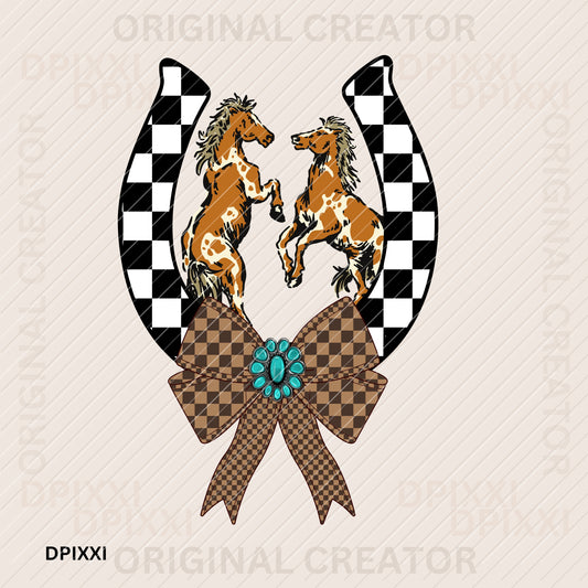 Friendly Horse Playing Turquoise Checker Bow Horseshoe